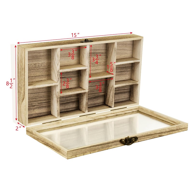 Ikee Design Wooden Collection Display Case with Hinged and Clear Tempered Glass Top, Wall Mounted 10 Slots Wood Display Storage Box for Mini Figures, Collections, Essential Oils, Oak Color - Image 2